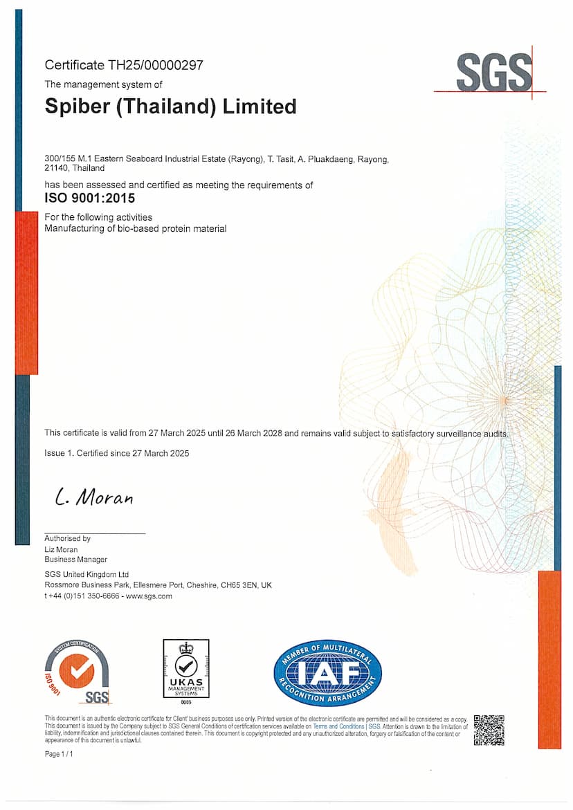 Spiber (Thailand) Ltd. はISO9001:2015およびISO14001:2015の認証を取得しました